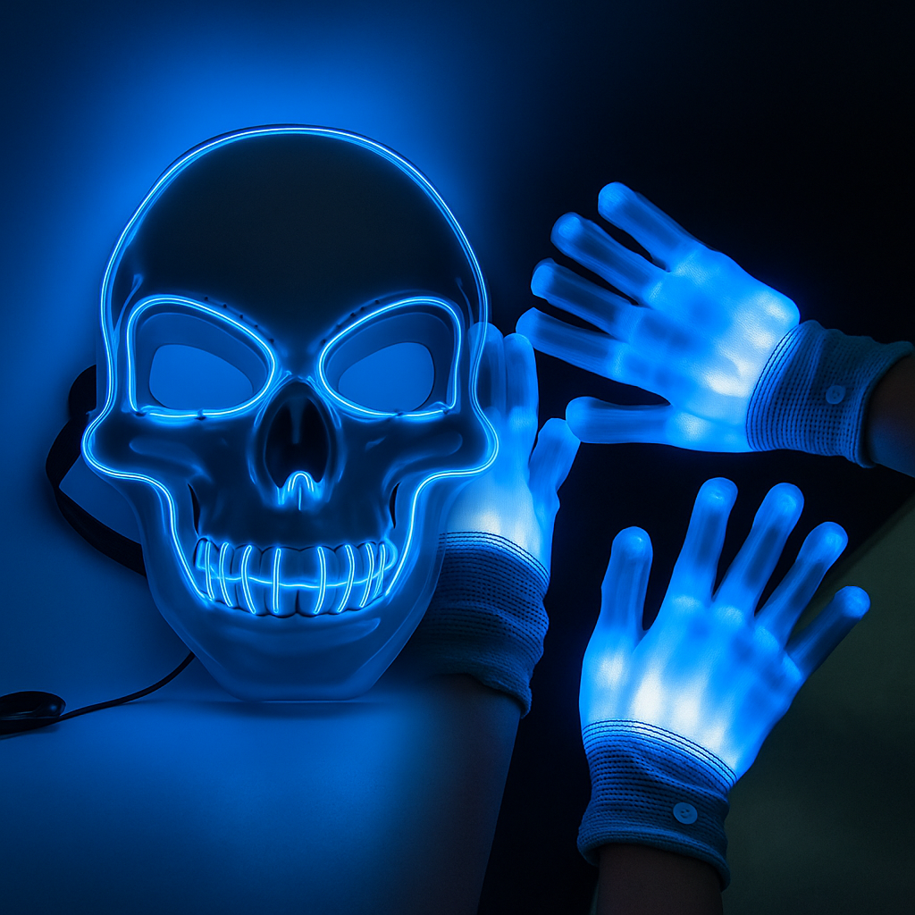 Halloween LED horror mask with neon glow gloves